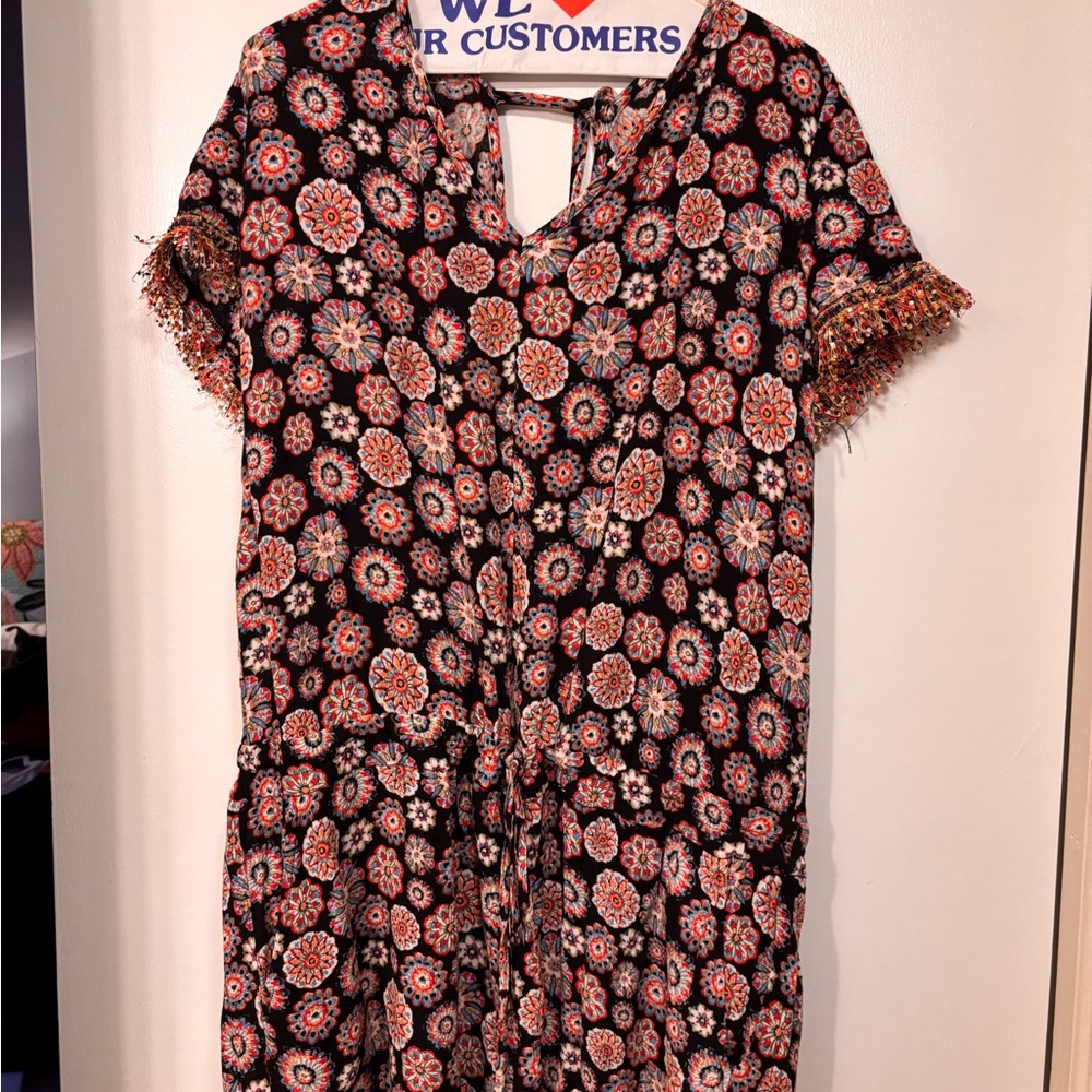 LOFT Black Floral Medallion Tie-Waist Midi Dress with Fringe Trim